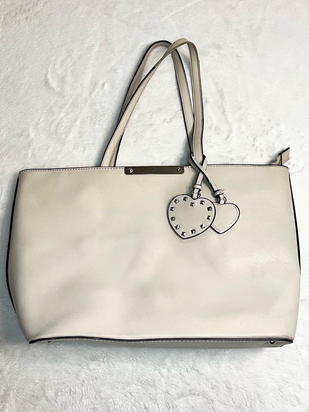 GUESS Light Gray Tote Bag with Studded Heart Charm